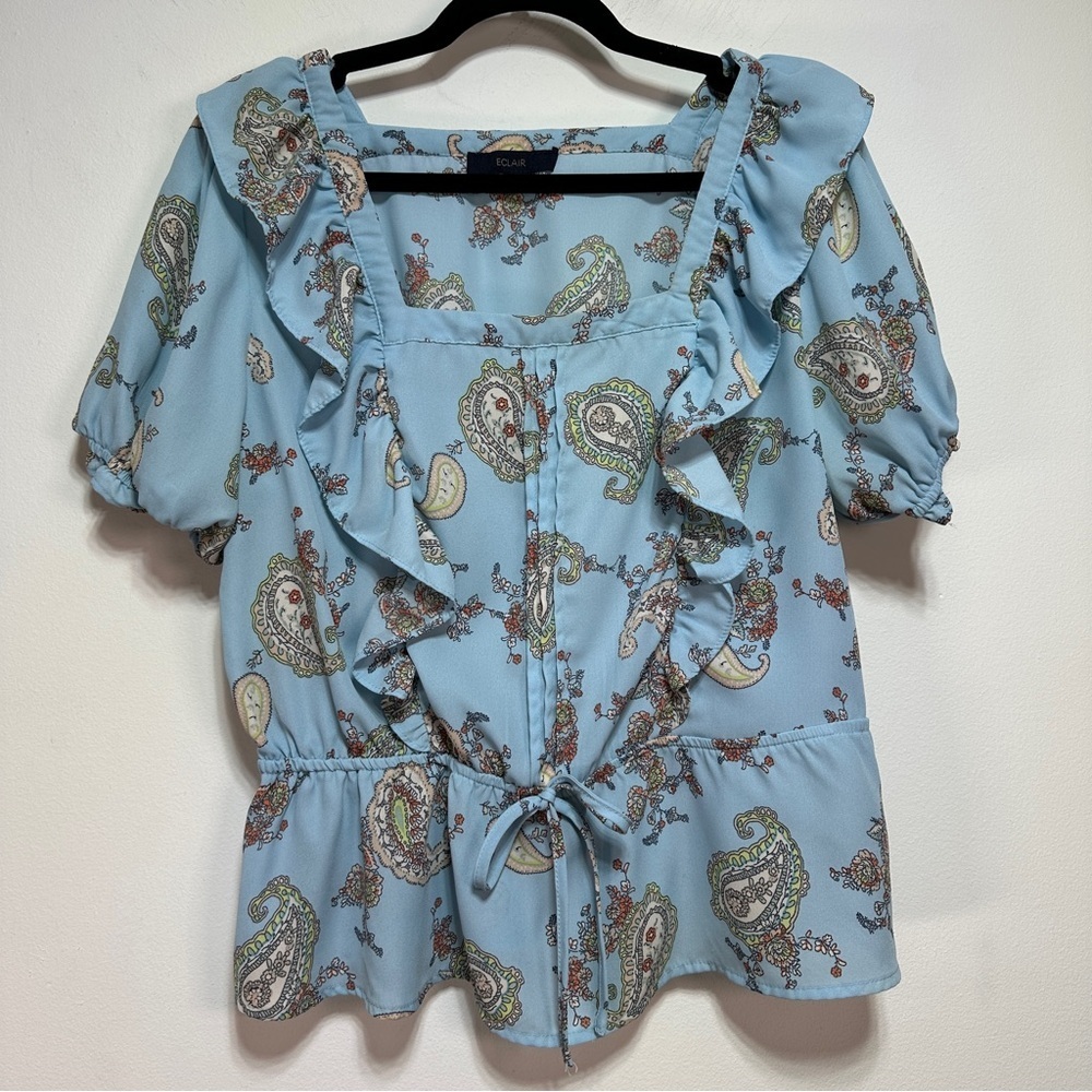 Light Blue Paisley Ruffle Blouse Square Neck Puff Sleeve Size L